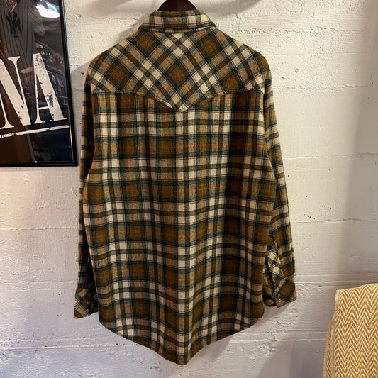 Vintage Yukon Plaid Wool Blend Pearl Snap Western Shirt - Size XL - Olive/Orange/Beige