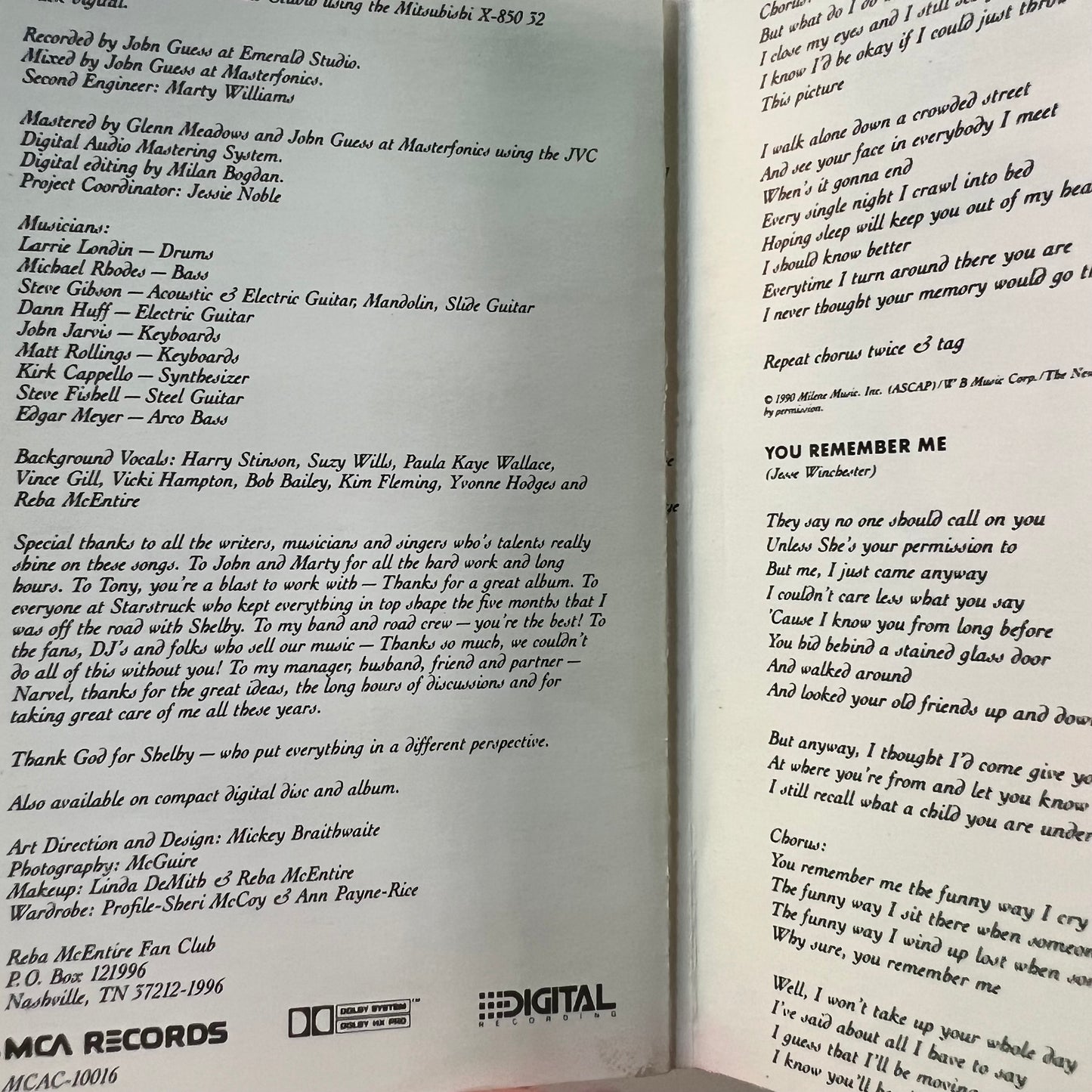 Vintage 1990 Reba McEntire 'Rumor Has It' Cassette Tape