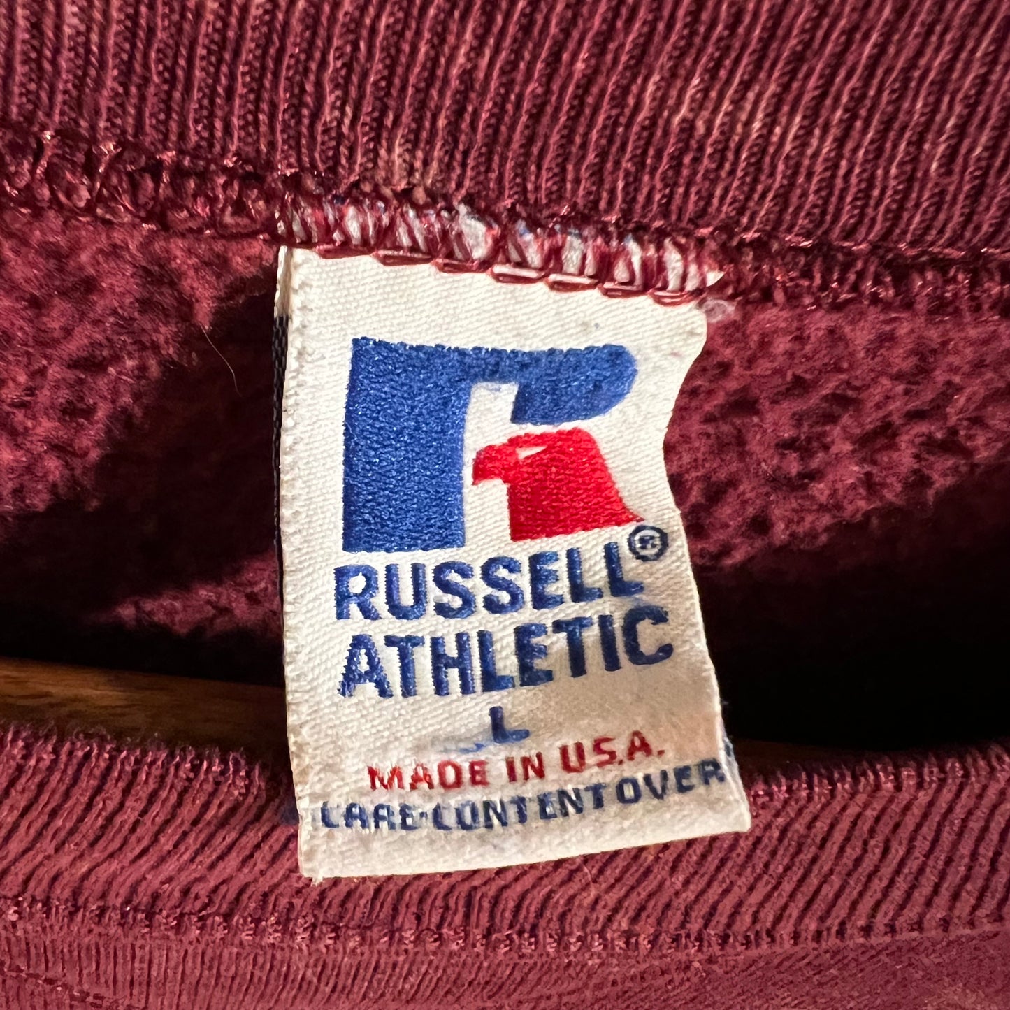 Vintage 90’s Davis County High School Mustangs Acid Washed Puff Print Crewneck Sweatshirt - Size Large - Made In USA - Maroon/Yellow