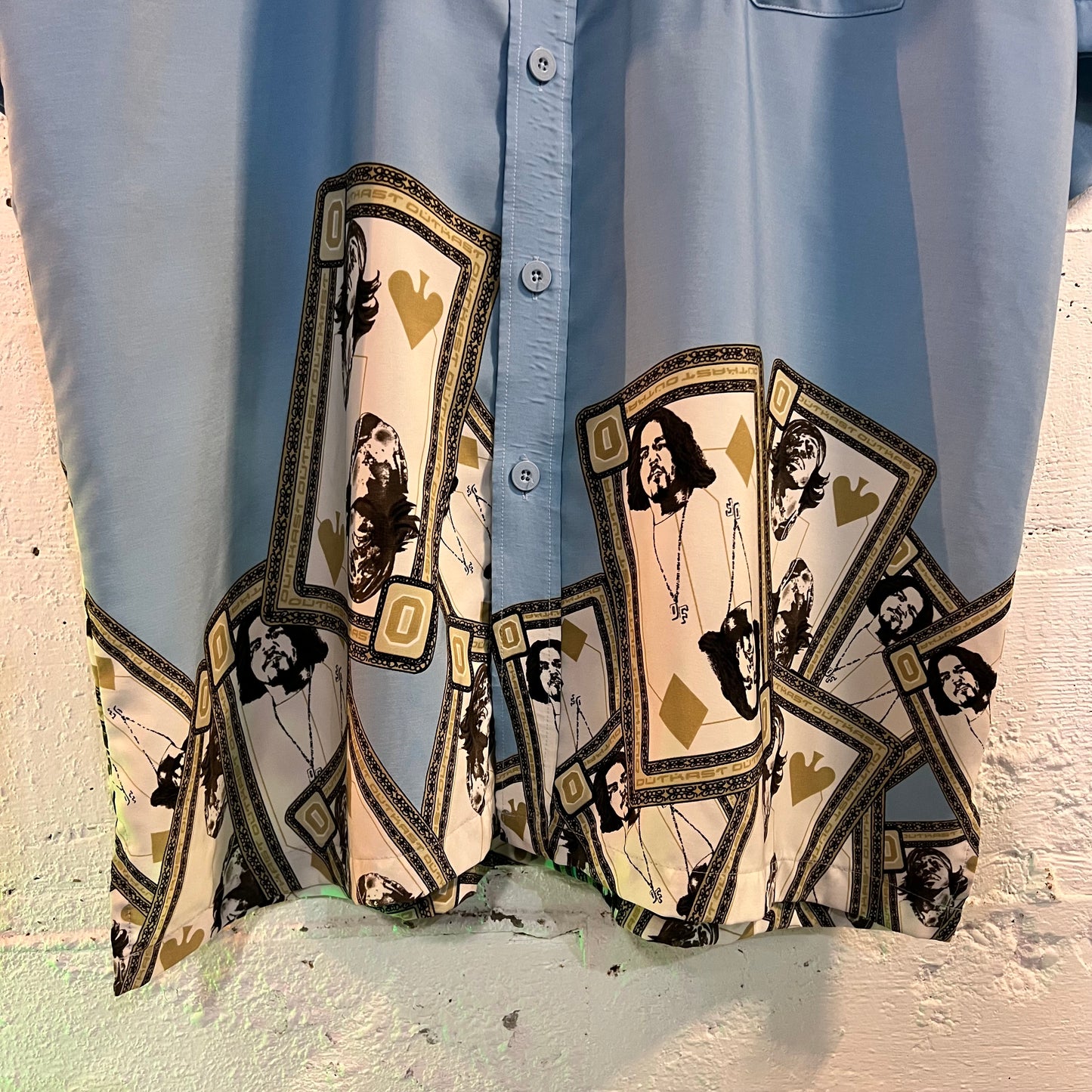 Vintage 90's Outkast Playing Card Short Sleeve Button Up Shirt - Size XL - Baby Blue/Multicolor