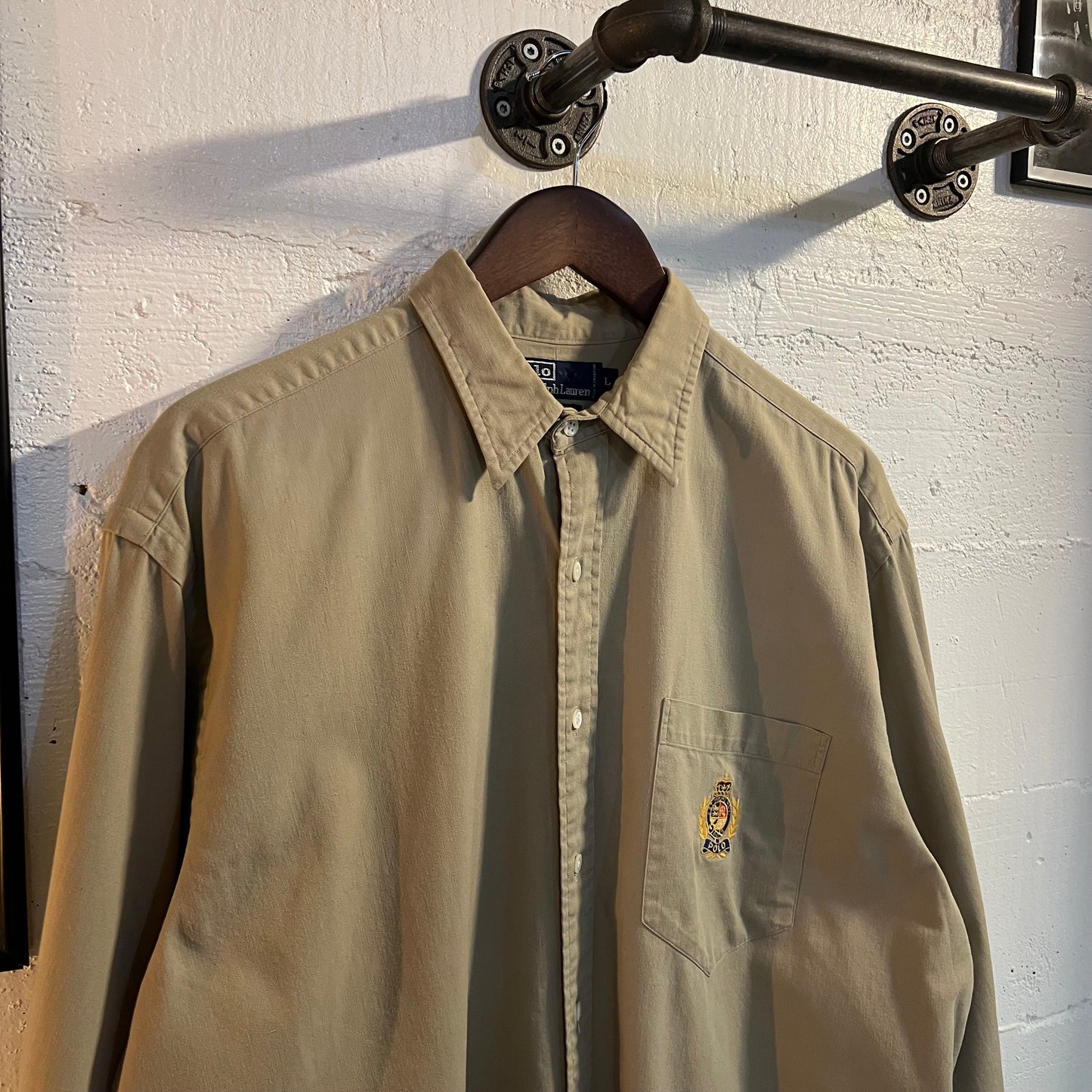Vintage 90's Polo Ralph Lauren Royal Crest Button Up Khaki Shirt - Size Large - Tan/Khaki