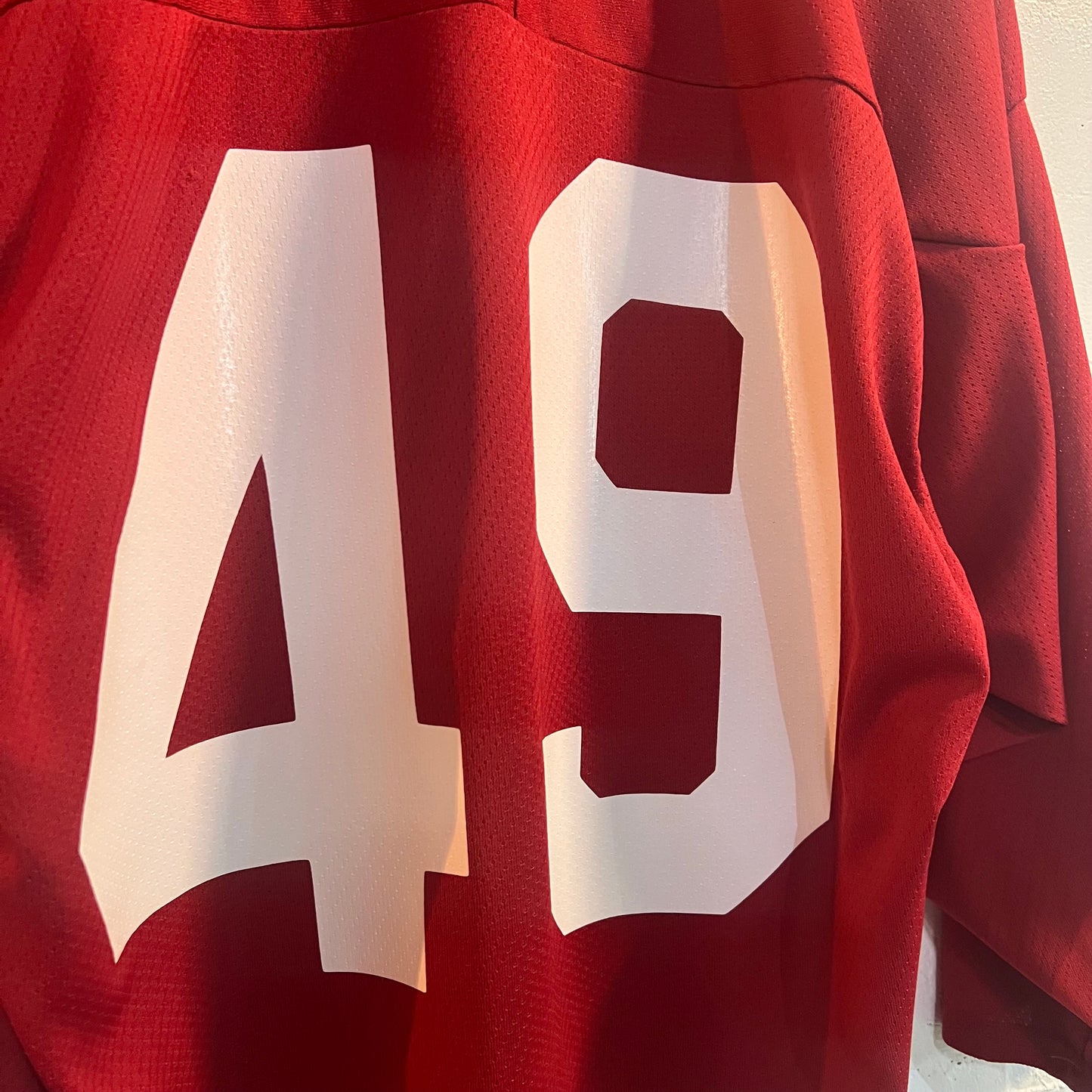 Vintage Team Mayhem #49 CCM NHL Mesh Hockey Jersey - Size Medium - Red/White/Black/Brown/Green