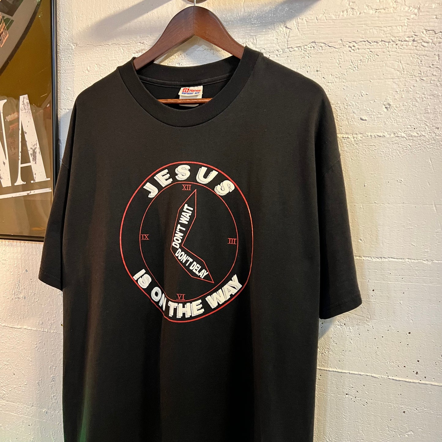 Vintage Jesus Is On The Way Clock T-Shirt - Size XL - Black/White/Red