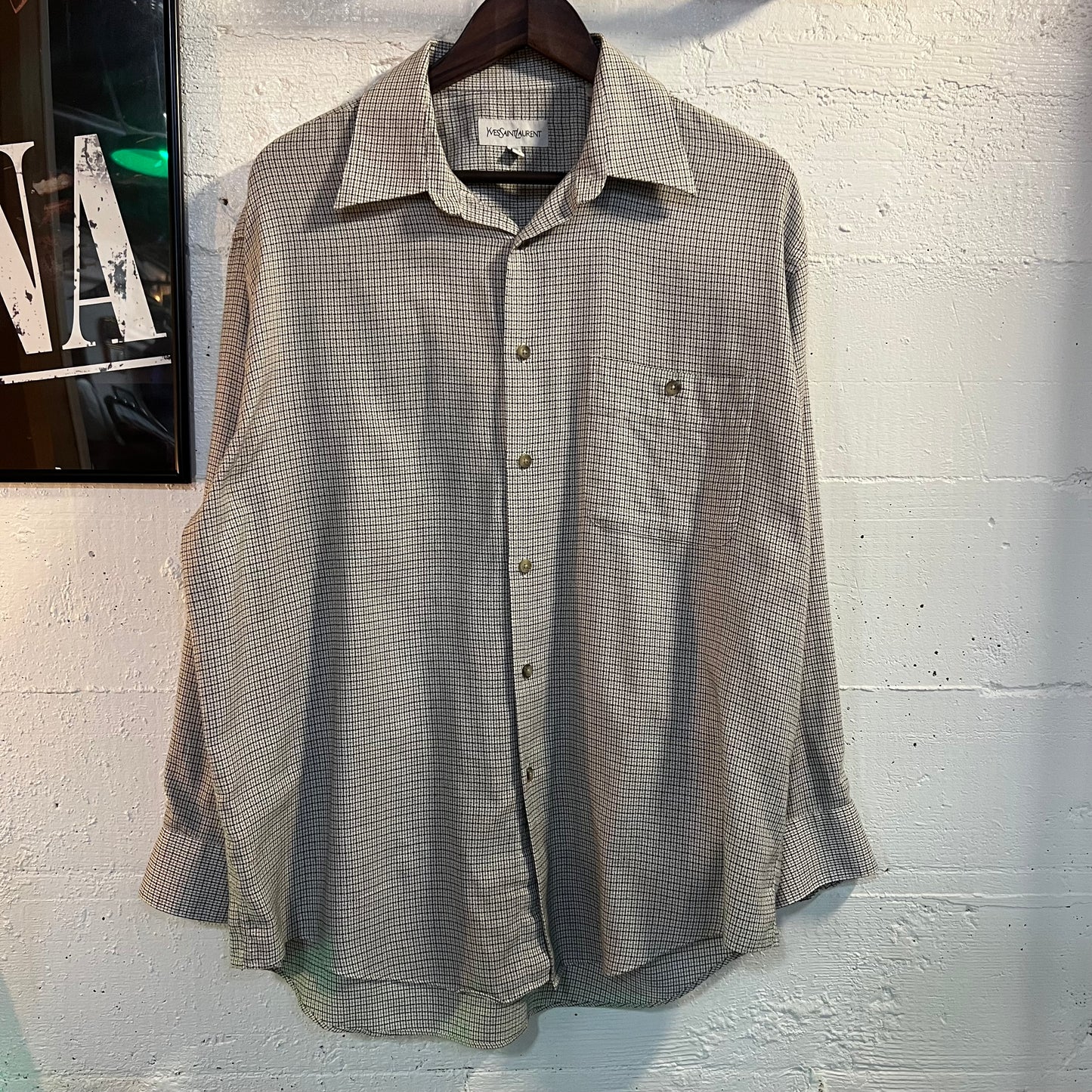 Vintage 90's Yves Saint Laurent Plaid Style Button Up Shirt - Size Large (16.5-32/33) - Off-White/Tan/Black