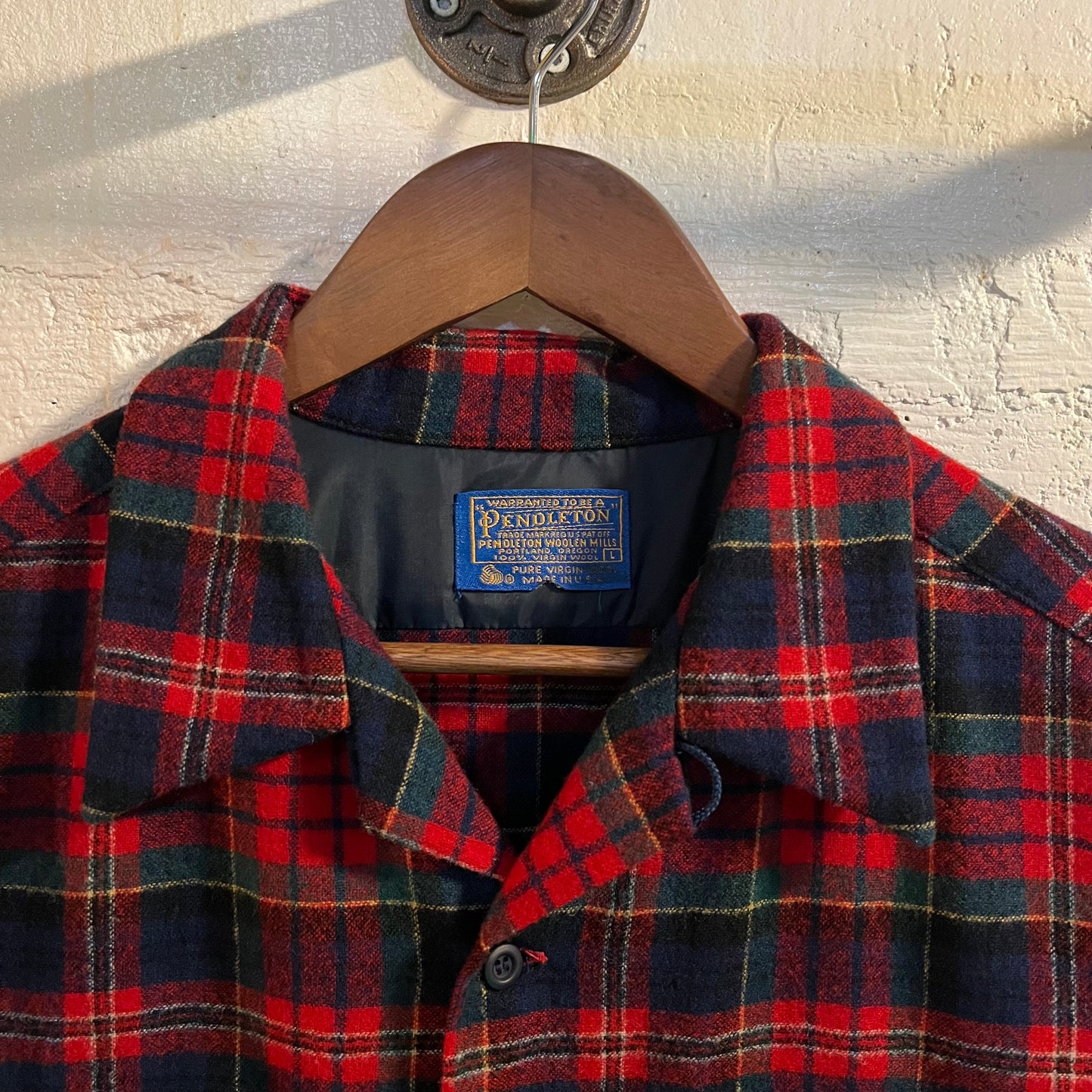 Vintage 60's/70's Pendleton Plaid Virgin Wool Board Shirt W/ Loop Collar - Size Large - Made In USA - Red/Green/Blue/Yellow