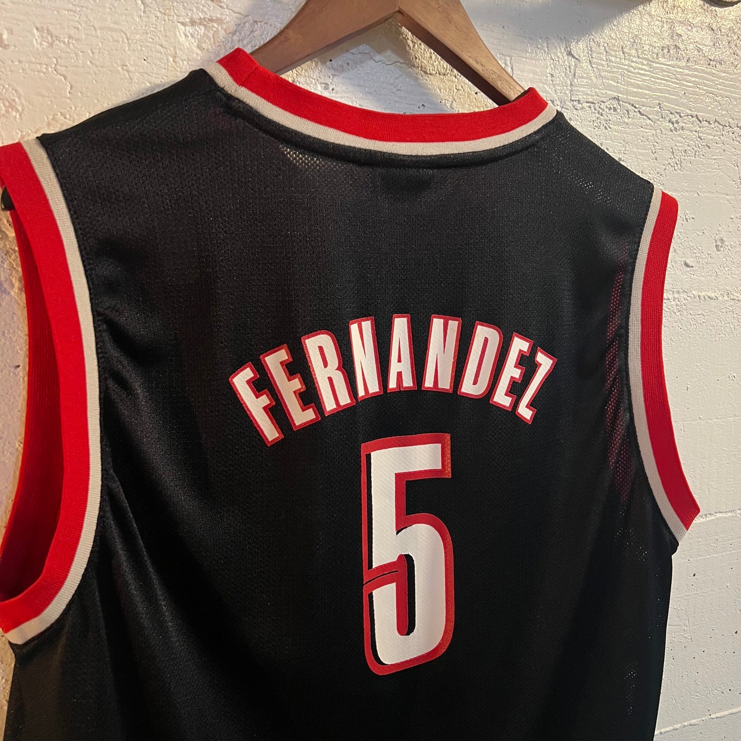 2000’s Adidas Portland Trailblazers ‘Fernandez #5’ Mesh Basketball Jersey - Size Youth XL - Black/Red/White