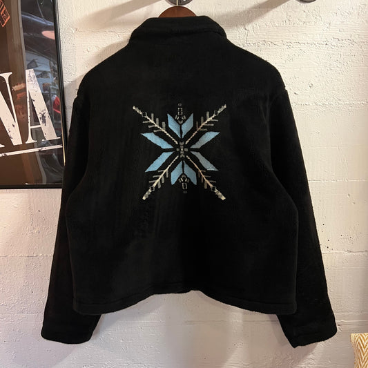 Vintage 90’s Tsunami ‘Snowflake’ Cropped Fleece Button Up Jacket - Size Large - Made In Canada - Black/Blue/Grey/White