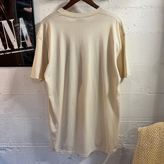 Vintage 1999 Lee Woodstock History Graphic T-Shirt - Size XL - Made In USA - Cream/Brown
