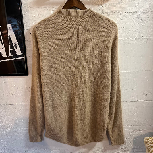 Vintage 60's Brent By Montgomery Ward Brushed Orlon Acrylic Knit Crewneck Sweater - Size Large - Made In USA - Beige