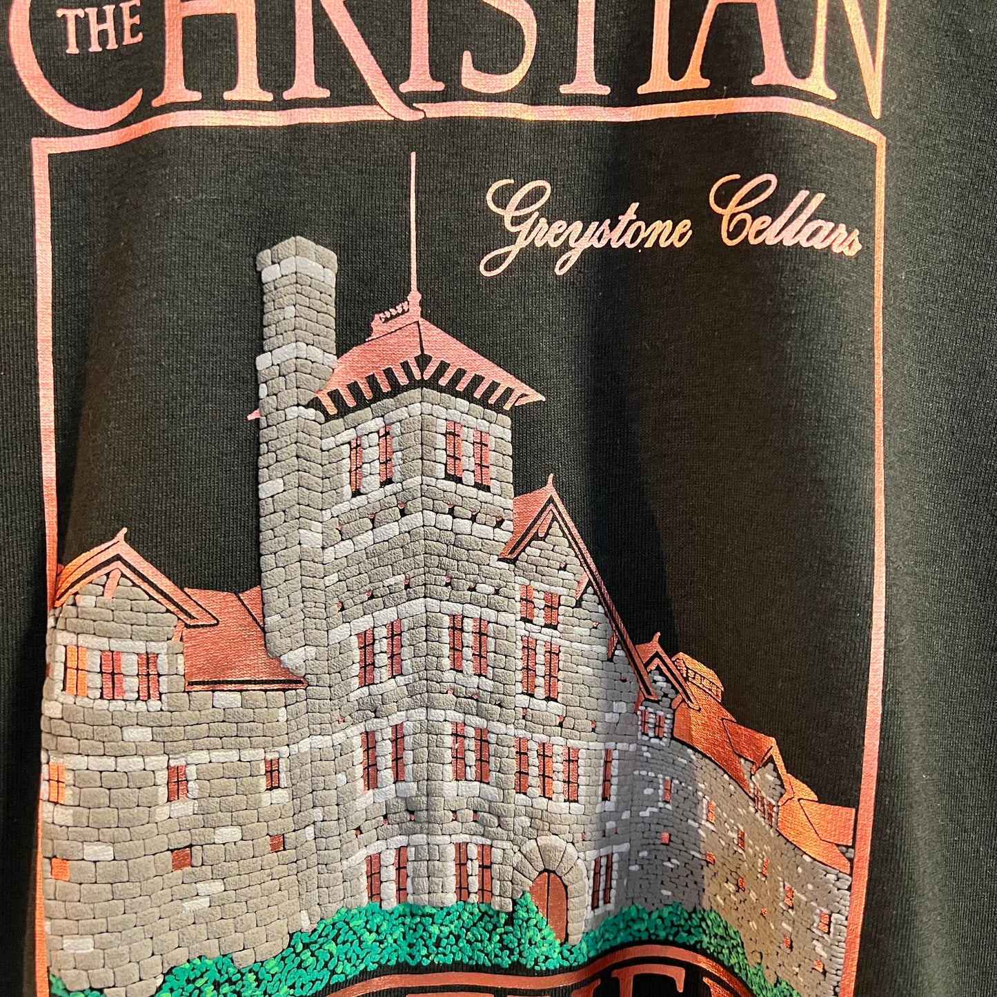 Vintage The Christian Brothers ‘Greystone Cellars’ Puff Print Single Stitch T-Shirt - Size Small - Made In USA - Black/Copper/Multicolor