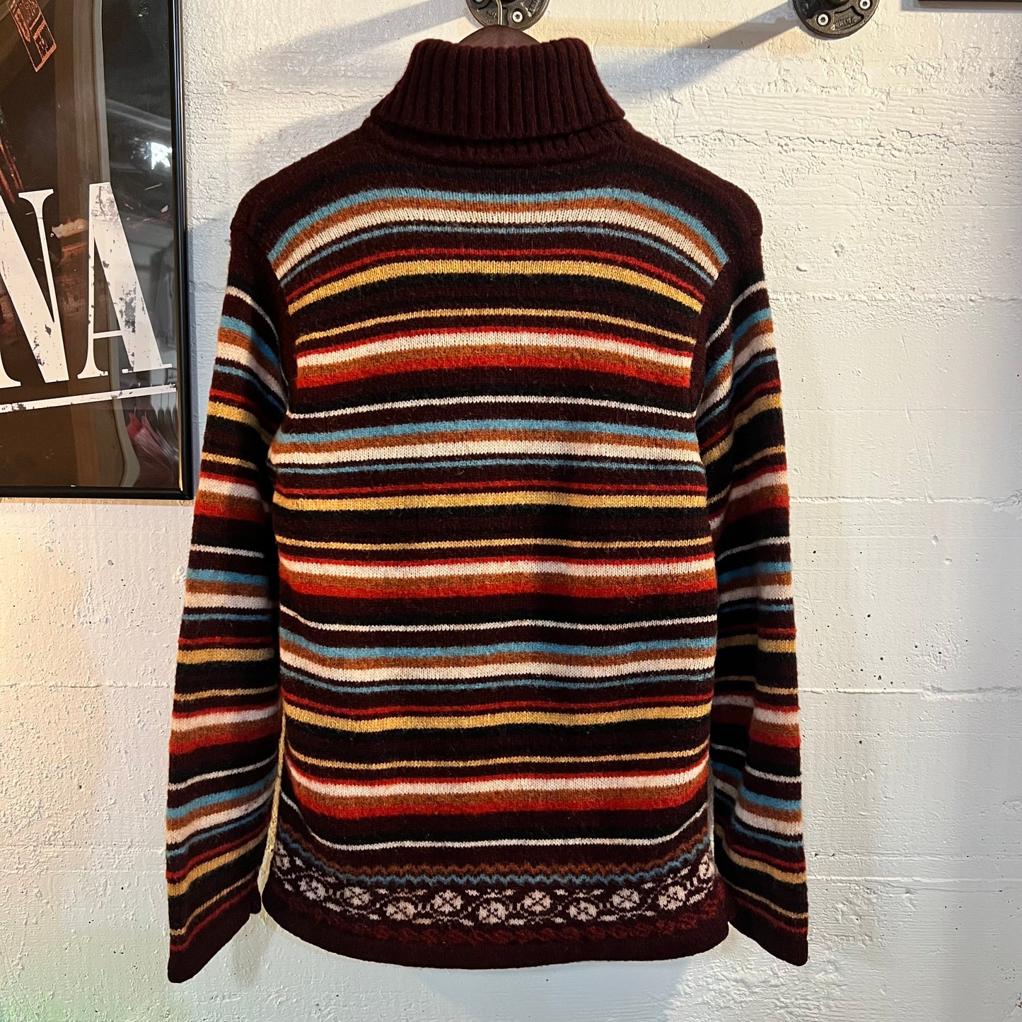 Vintage Striped Norwegian Style Wool Turtle-Neck Knitted Sweater - Size Large - Multicolor