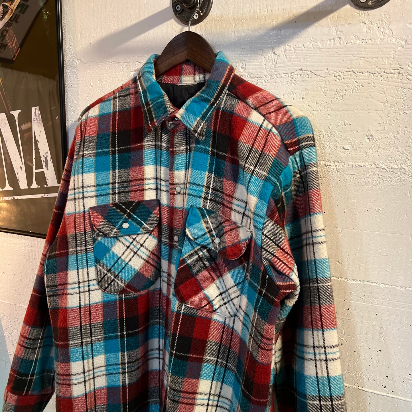 Vintage Quilted Plaid Pearl Snap Flannel Shirt - Size Large - Red/White/Blue