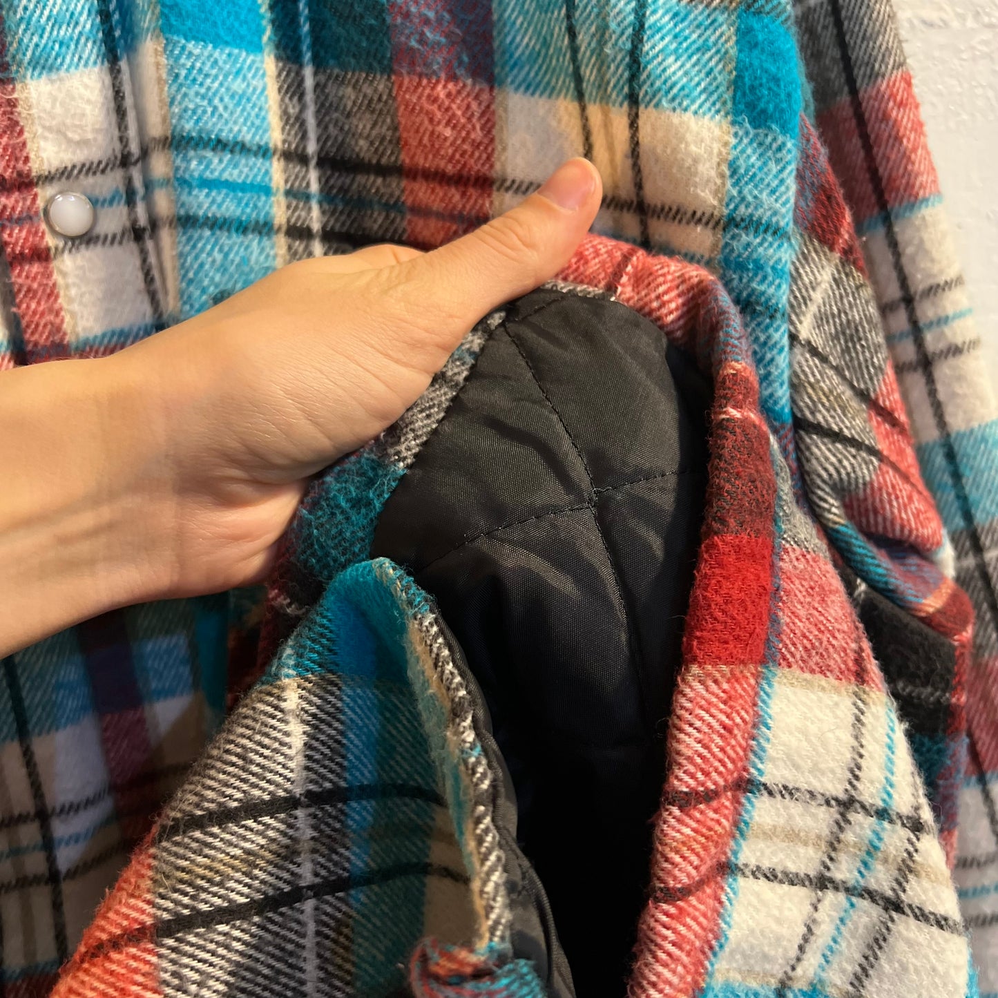 Vintage Quilted Plaid Pearl Snap Flannel Shirt - Size Large - Red/White/Blue