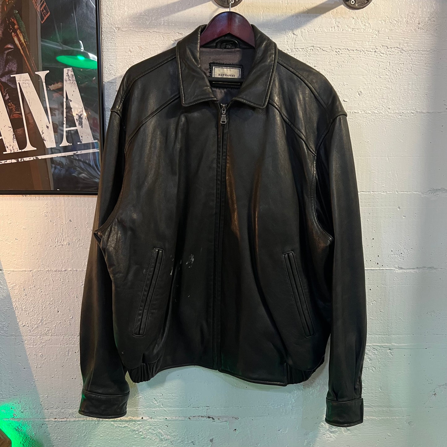 Vintage 90's Hathaway Black Leather Full Zip Bomber Jacket - Size XXL - 100% Leather