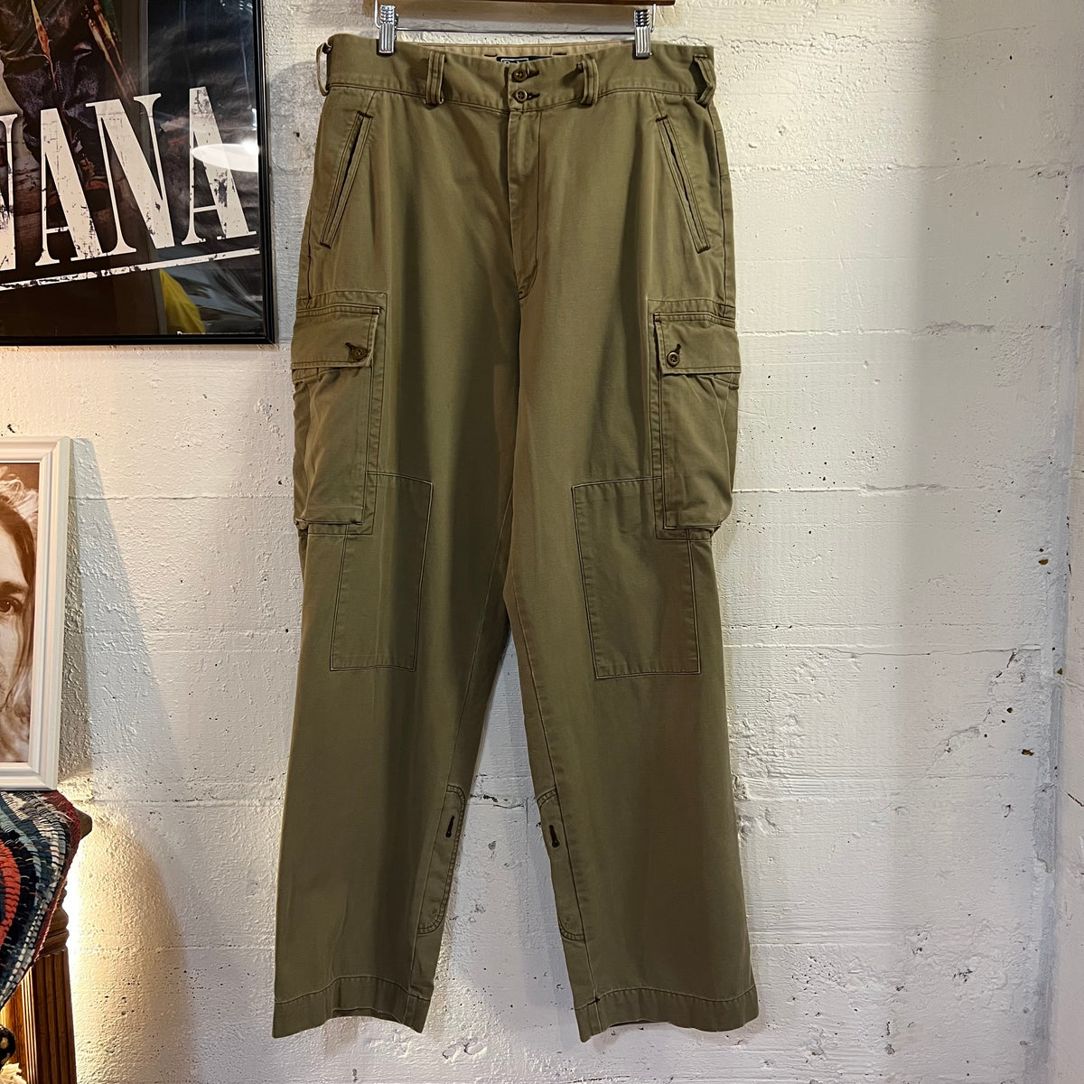 Vintage 90's Polo Ralph Lauren Multi Pocket Olive Drab Cotton Roll-Up Cargo Pants - Size 34" x 32" - Olive Drab