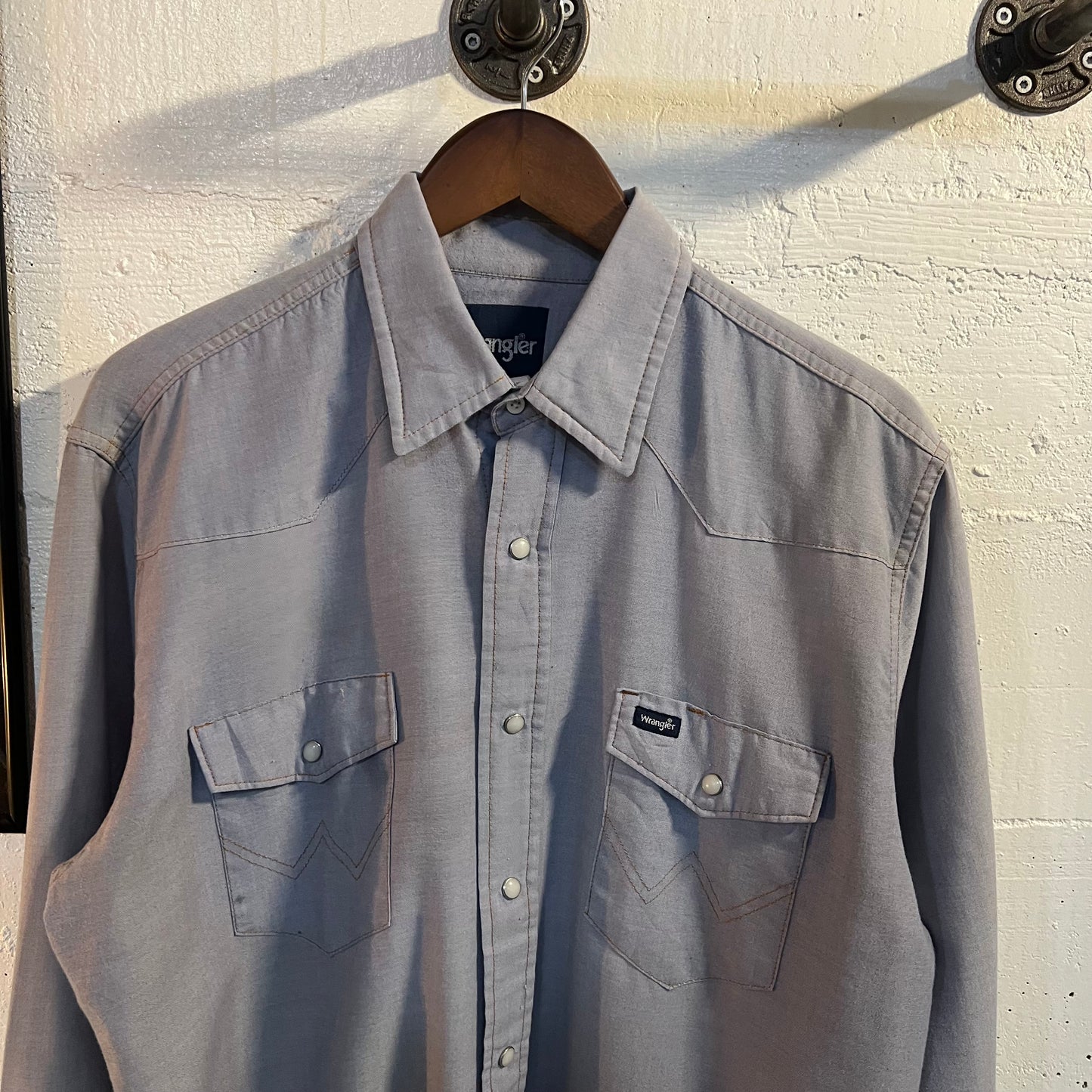 Vintage Wrangler Western Chambray Pearl Snap Shirt - Size X-Large (17) - Light Blue