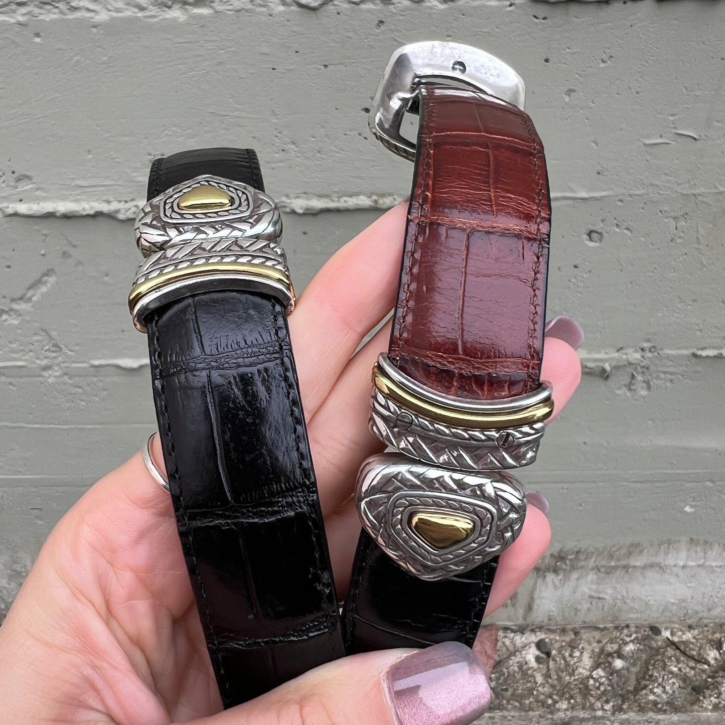 Vintage Faux Alligator Reversible Women's Leather Rodeo Style Belt - S/M (28"-32") - Black/Amber