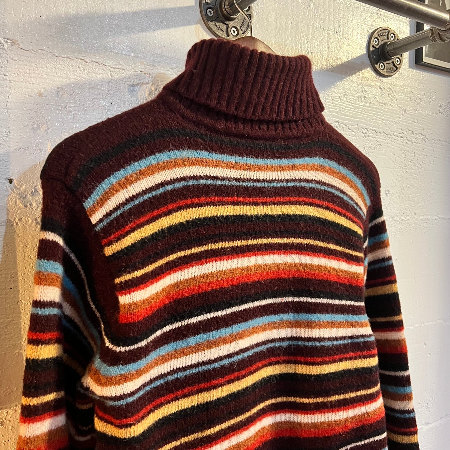 Vintage Striped Norwegian Style Wool Turtle-Neck Knitted Sweater - Size Large - Multicolor