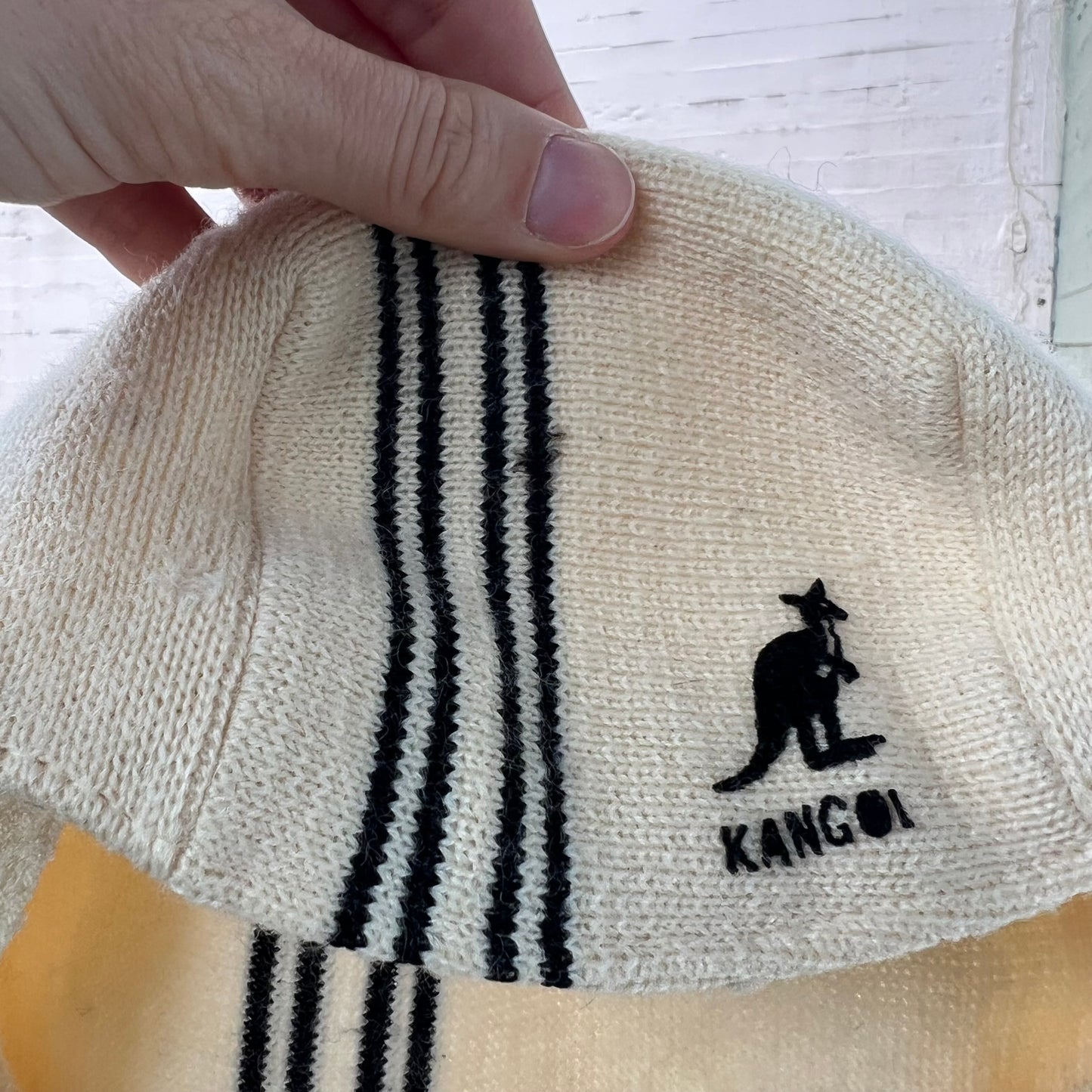 Vintage Kangol Knitted Striped Flat Cap Hat - Size O/S - Made In Great Britain - Beige/Black