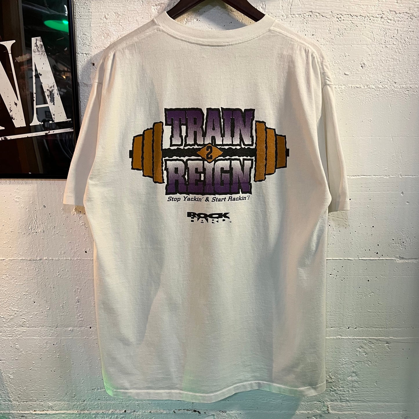 Vintage 90's Rock Hard Weight Lifting 'Train 2 Reign' Single Stitch T-Shirt - Size XL - Made In USA - White