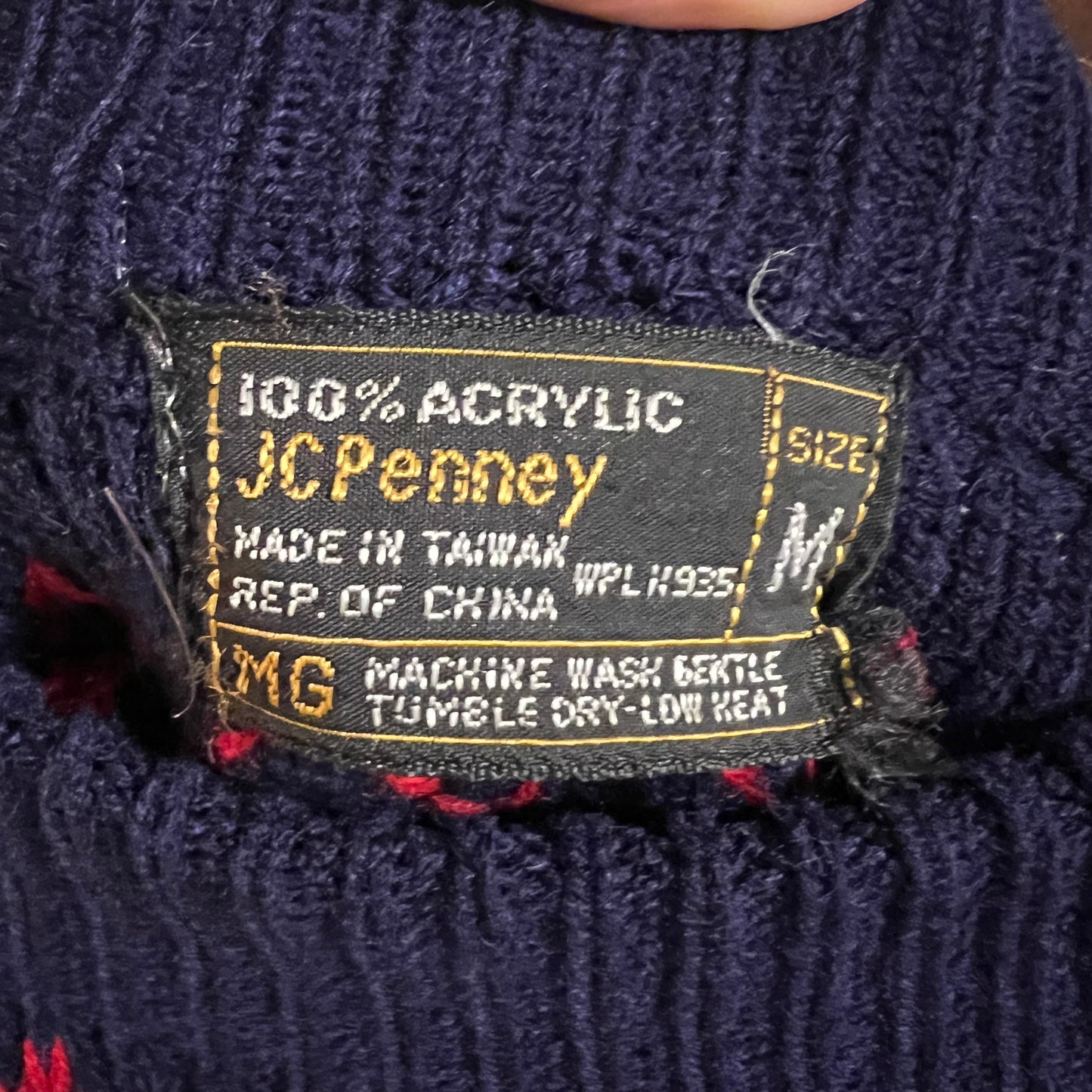 Vintage 70’s JCPenney Fair Isle Geometric Patterned Knit Raglan Sweater - Size Medium - Red/Navy/White