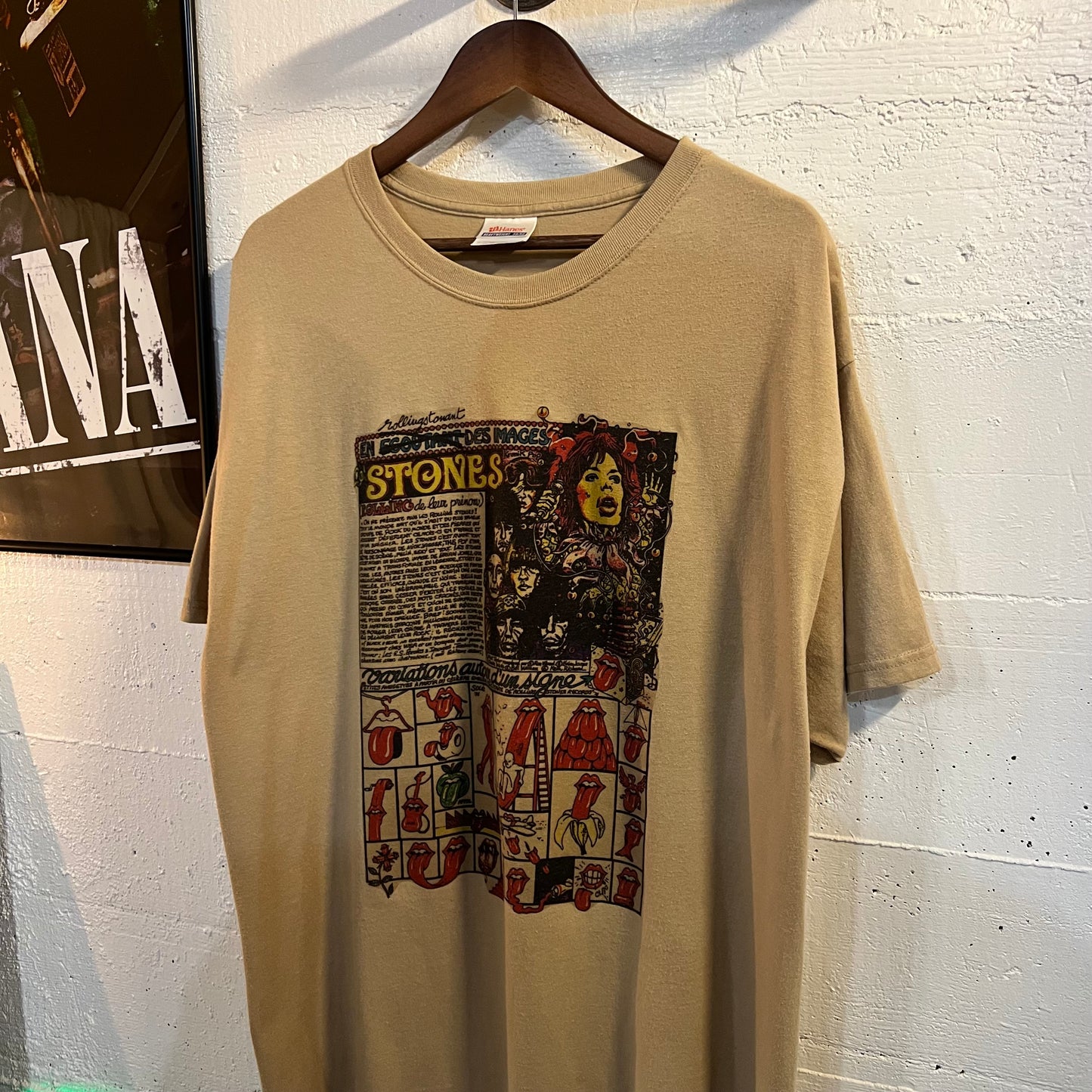 Vintage 90's Rolling Stones French Advertisement Art T-Shirt - Size XL - Tan/Multi