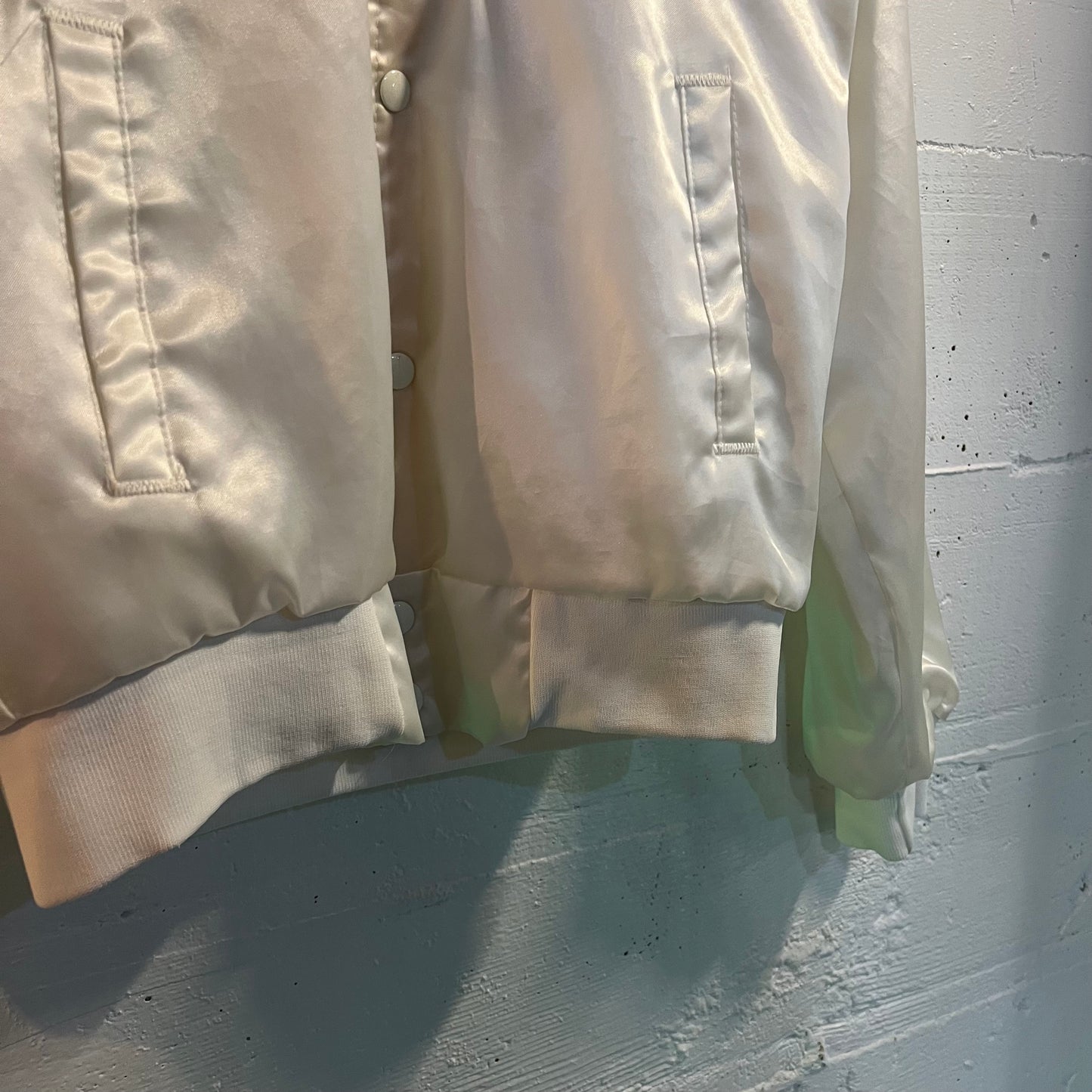 Vintage 1987 Walt Disney Mickey Mouse 60 Year Anniversary Satin Bomber Jacket - Size Small - White - Chalk Line