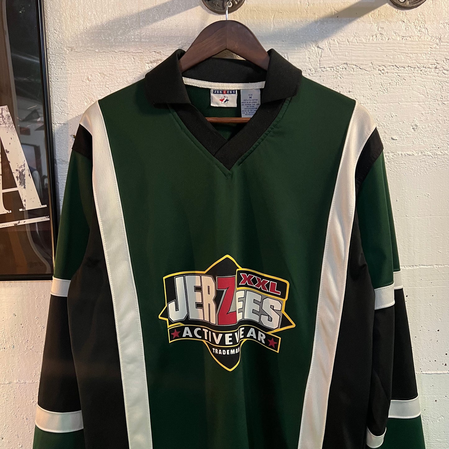 Vintage Jerzees Activewear Rugby Style Long Sleeve Jersey - Size Medium - Green/White/Black