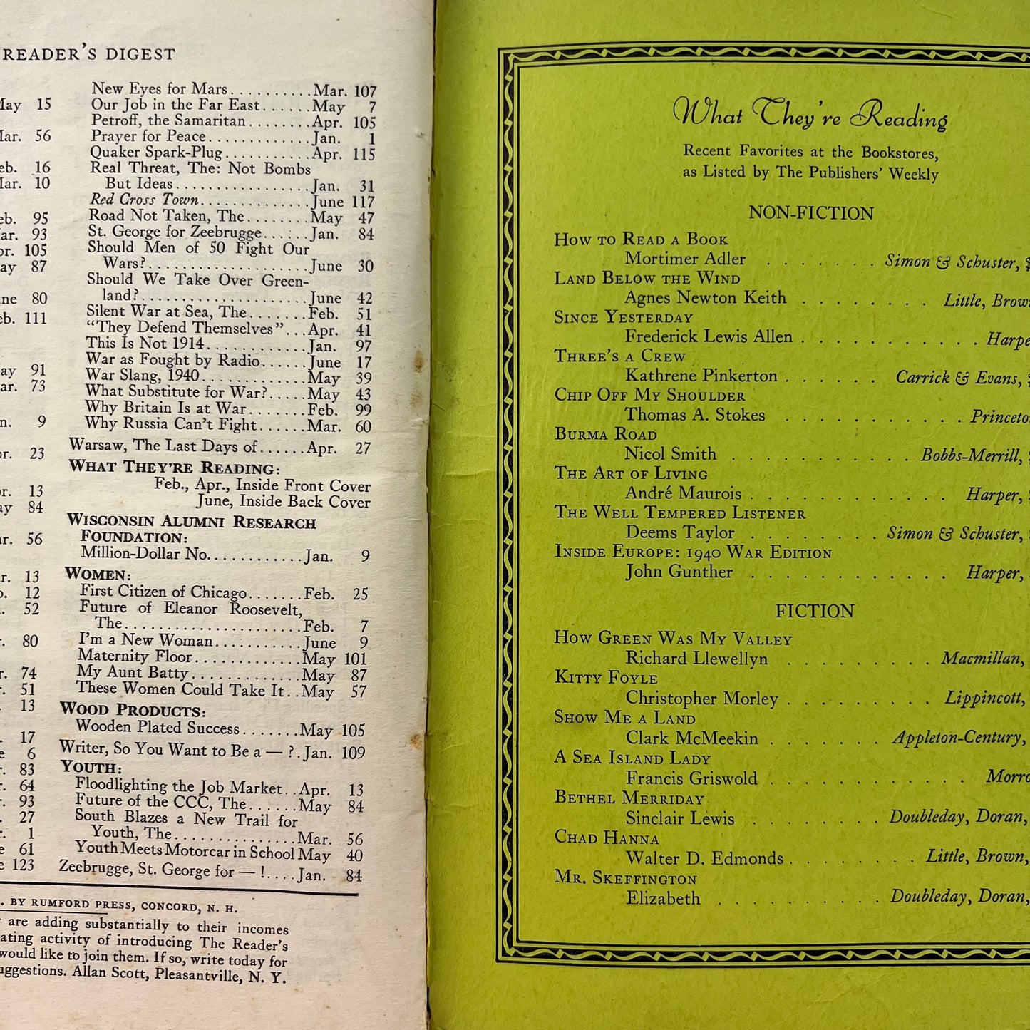 Vintage 1940's Readers Digest Magazine - Vol. 36 No. 218 - Green/Silver/Black
