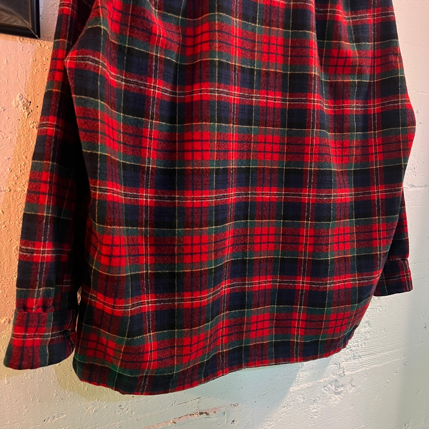 Vintage 60's/70's Pendleton Plaid Virgin Wool Board Shirt W/ Loop Collar - Size Large - Made In USA - Red/Green/Blue/Yellow