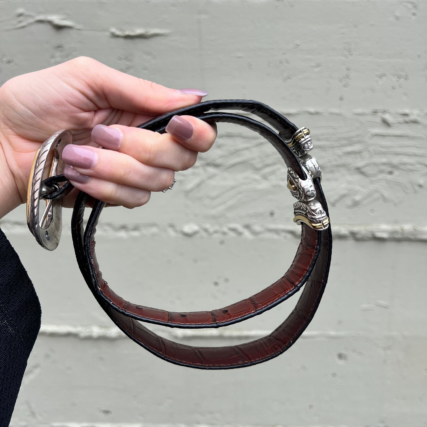Vintage Faux Alligator Reversible Women's Leather Rodeo Style Belt - S/M (28"-32") - Black/Amber
