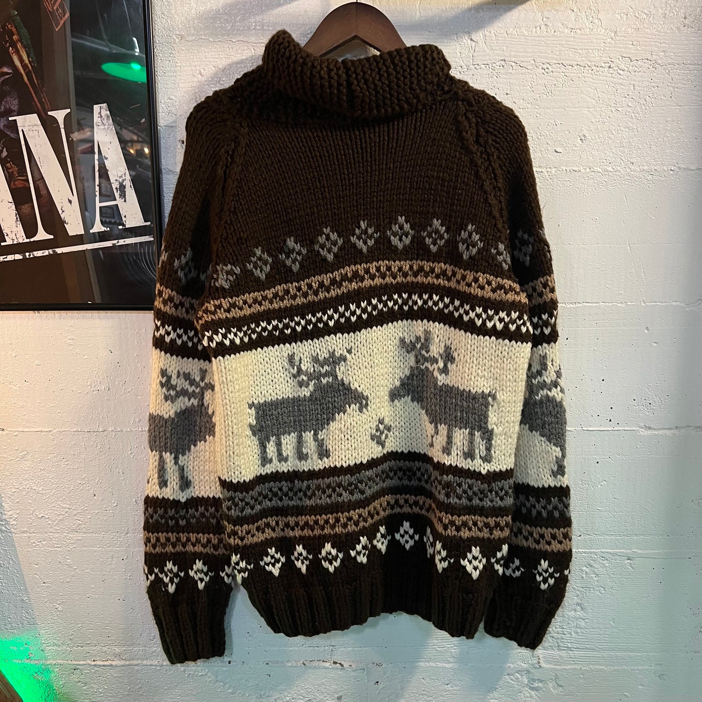 Vintage 1970's Heavy Knit Cotton Moose Intarsia Shawl Collar Zip Sweater - Size L/XL - Cream/Brown