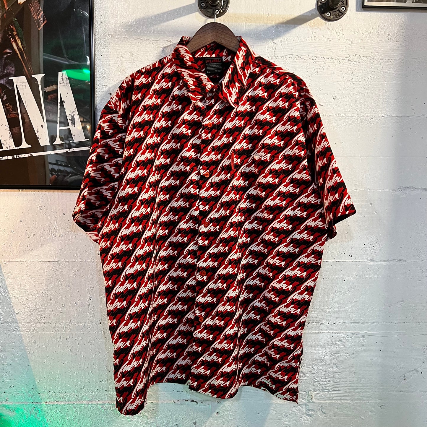 Vintage 90's All Over Print Fubu Short Sleeve Button Up Shirt - Size XL - Red/Black/White