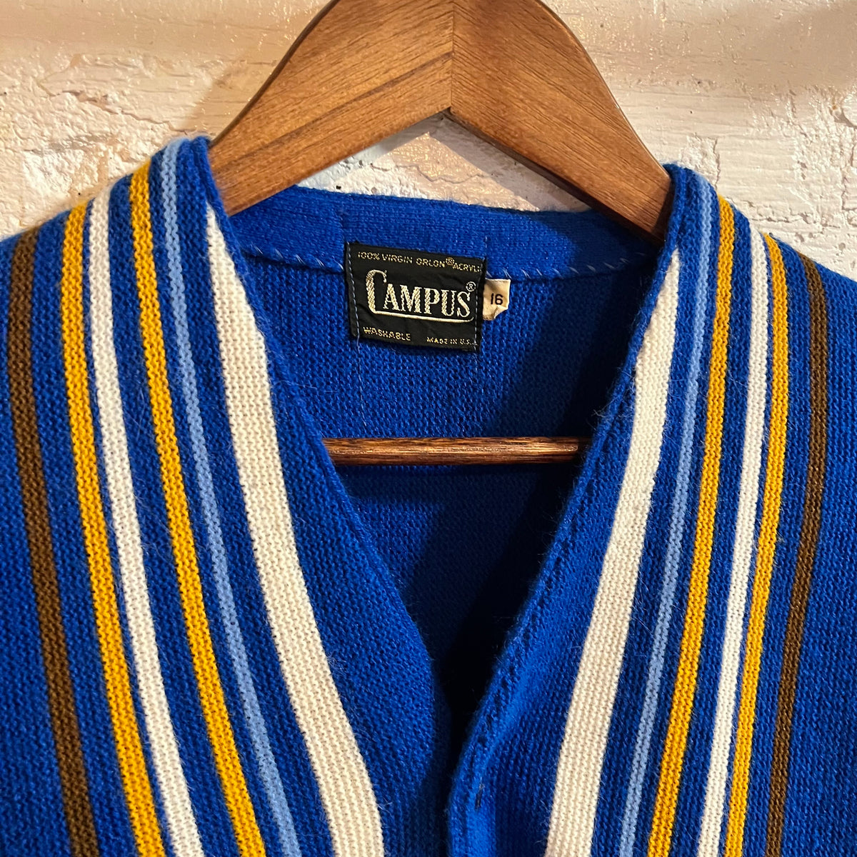 Vintage 60’s Campus Vertical Striped Knitted Cardigan Sweater - Size Youth XL (16) - Made In USA - Royal Blue/Multi