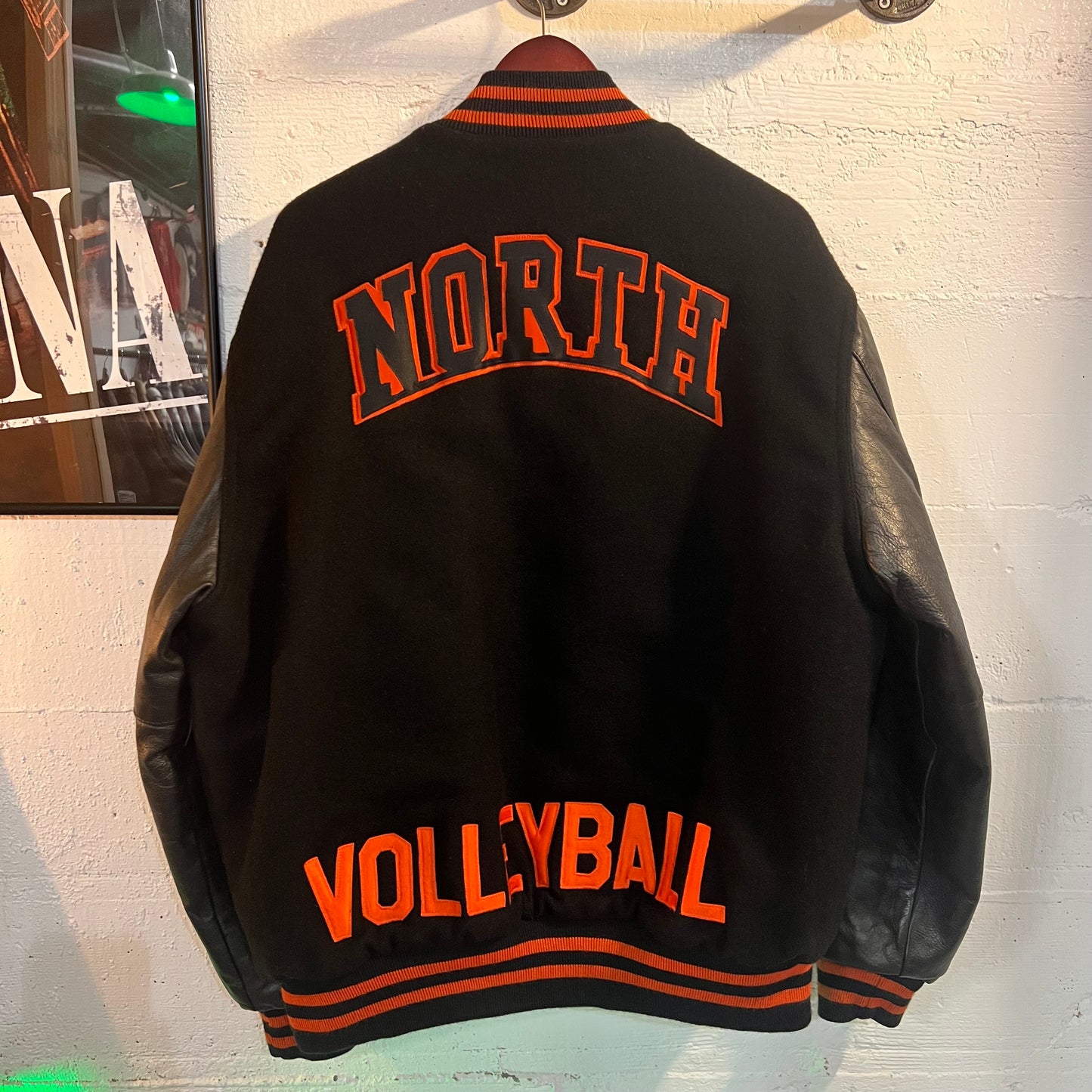 Vintage 90's Leather Varsity Letterman Jacket With Chenille Patch - Size XL - Made In USA - Orange/Black