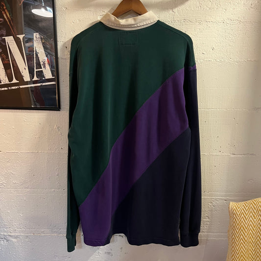 Vintage Land's End Authentic Rugby Shirt - Size Large Tall - Made In USA - Forest Green/Royal-Purple/Navy/White