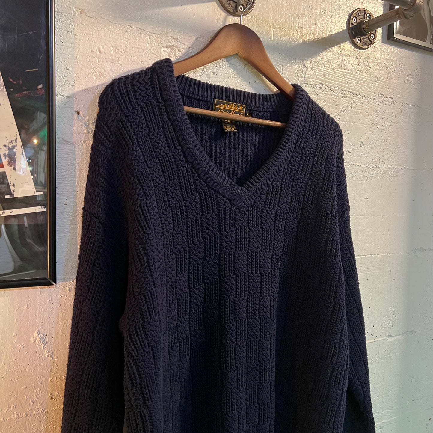 Vintage Eddie Bauer Cotton Knit V-Neck Sweater - Size Large - Navy - 100% Cotton