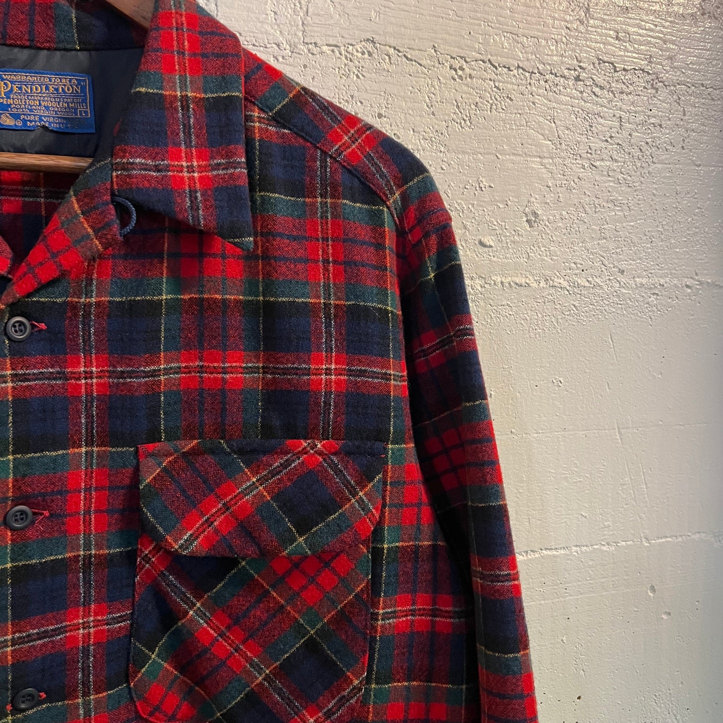 Vintage 60's/70's Pendleton Plaid Virgin Wool Board Shirt W/ Loop Collar - Size Large - Made In USA - Red/Green/Blue/Yellow