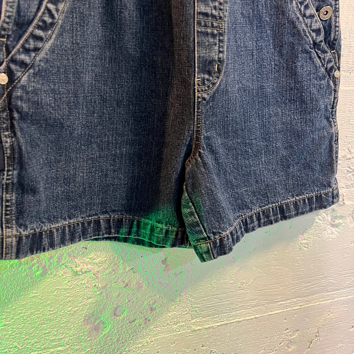 Vintage 90's B.U.M. Equipment Embroidered Spellout Denim Short Overalls - Size Small - Medium Wash Indigo