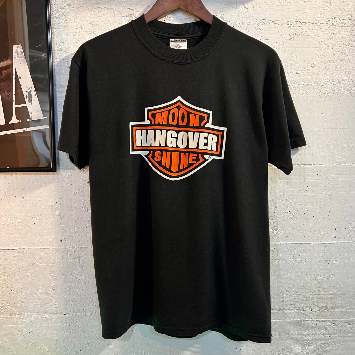 Vintage Jerzees Moon Shine Hangover Harley T-Shirt - Size Medium - Black/White/Orange
