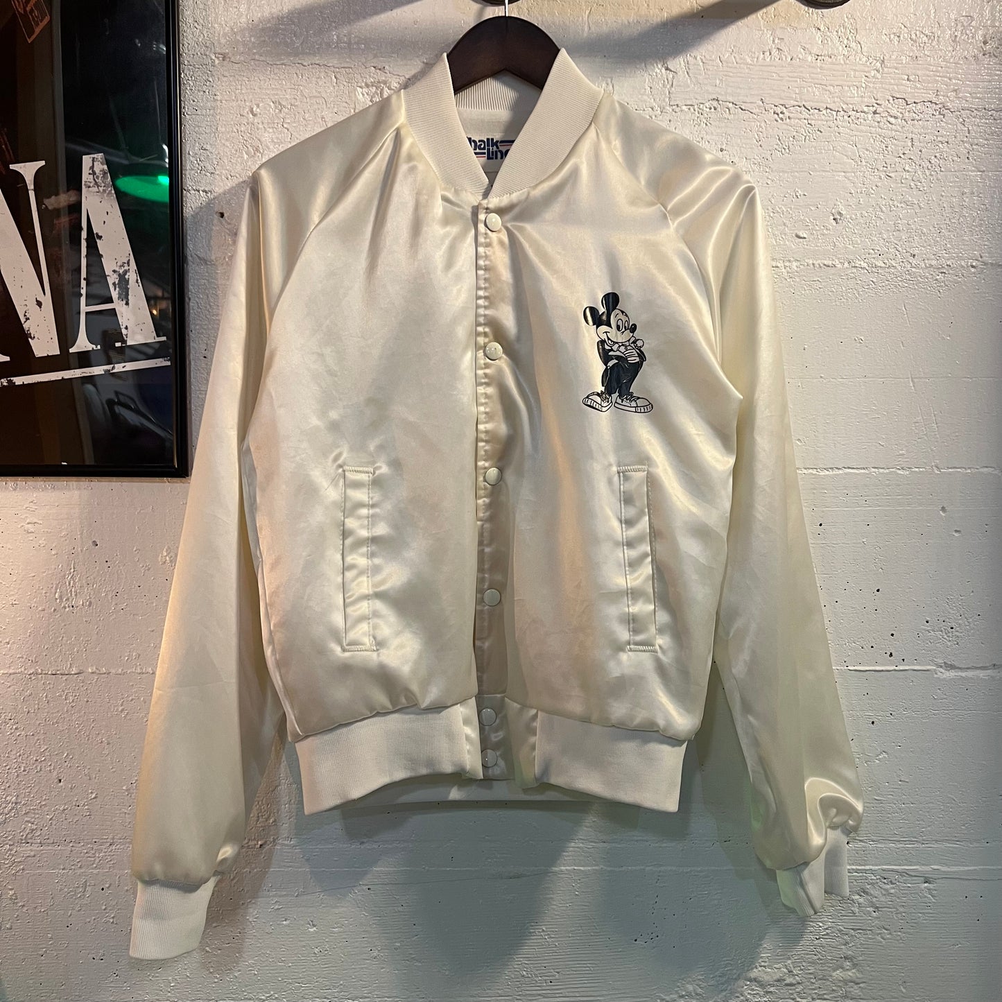 Vintage 1987 Walt Disney Mickey Mouse 60 Year Anniversary Satin Bomber Jacket - Size Small - White - Chalk Line