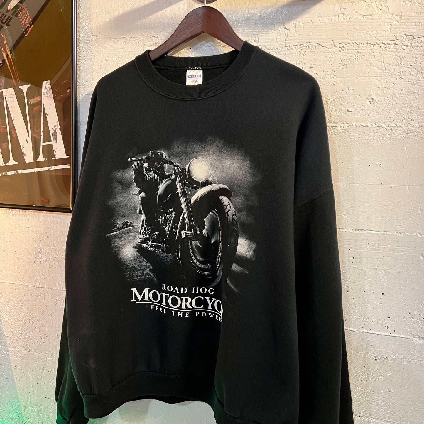 Vintage Distressed Jerzees Road Hog Motorcycle ‘Feel The Power’ Crewneck Sweatshirt - Size 2XL - Black/White