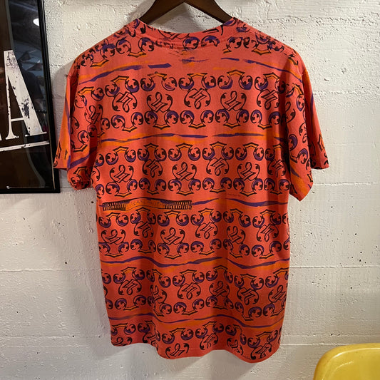 Vintage 1992 OP Ocean Pacific All Over Print Abstract Single Stitch Surf T-Shirt - Size Medium - Made In USA - Coral