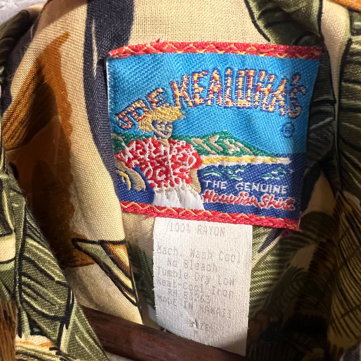 Vintage Joe Kealoha Hula Girl Surfer Rayon Aloha Shirt - Size Medium - Made In USA - 100% Rayon