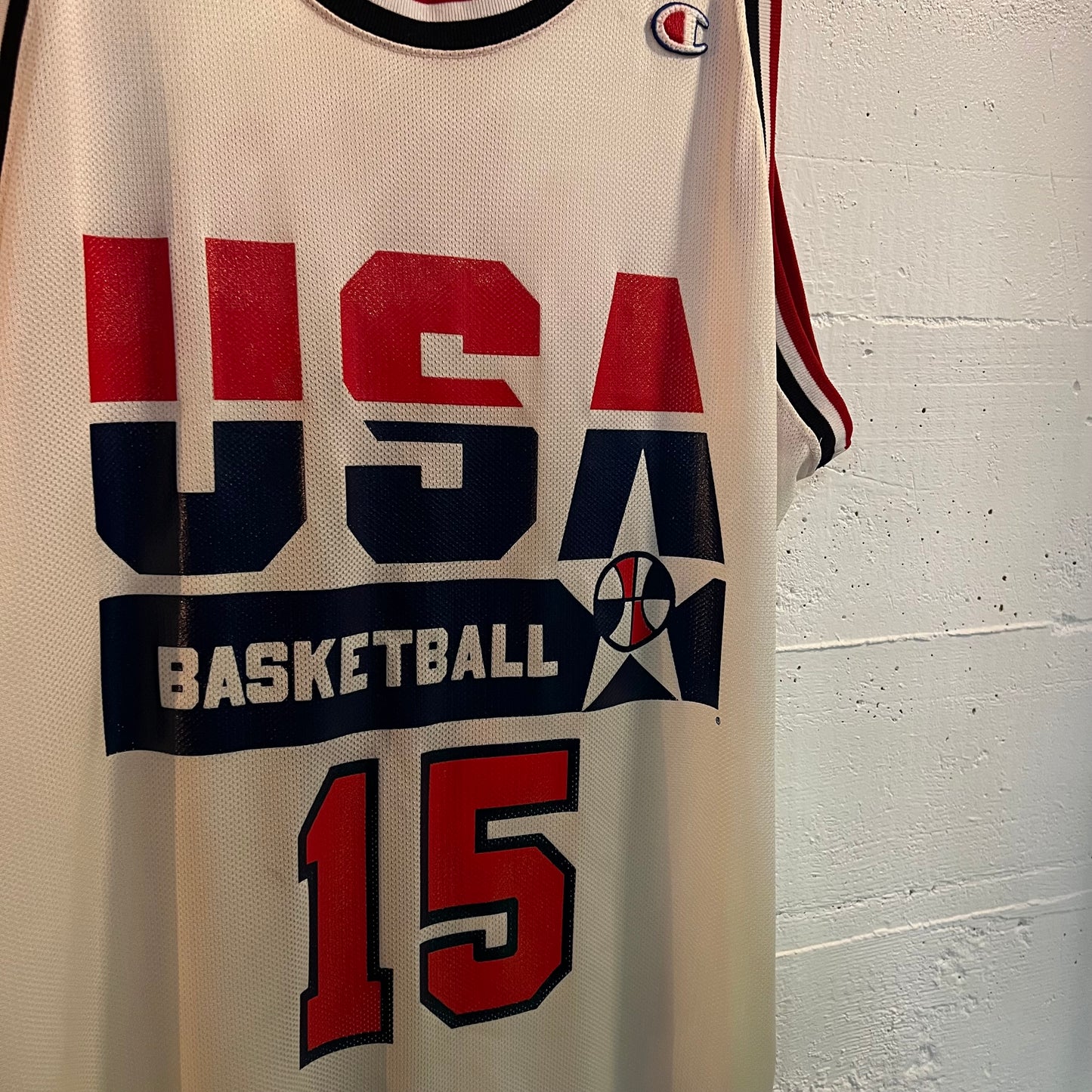 Vintage 1992 Champion Team USA Dream Team 'Magic Johnson' #15 European Release Basketball Jersey - Size XL - Made In USA - Red/White/Blue