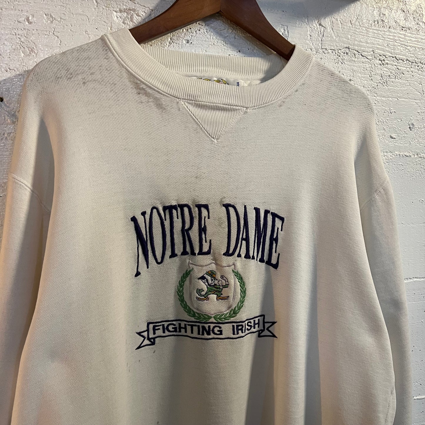 Vintage 90's Distressed Notre Dame Fighting Irish Logo 7 Embroidered Crewneck Sweatshirt - Size Large - Made In USA