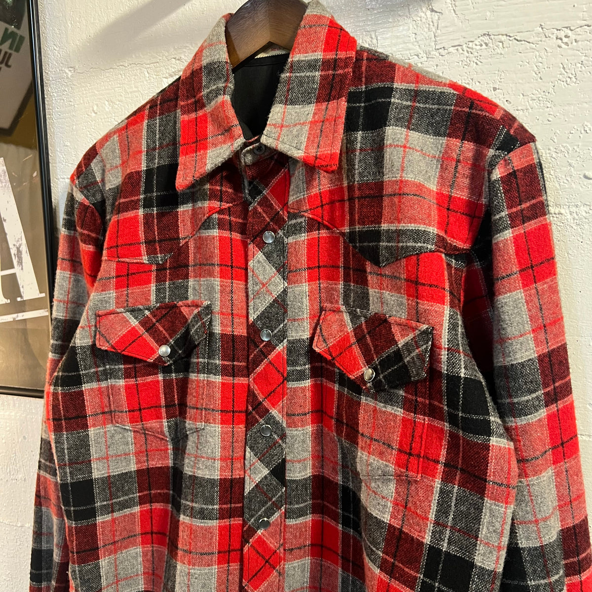 Vintage Hand Made Pearl Snap Southwestern Wool Plaid Flannel - Size Large - Red/Grey/White/Black