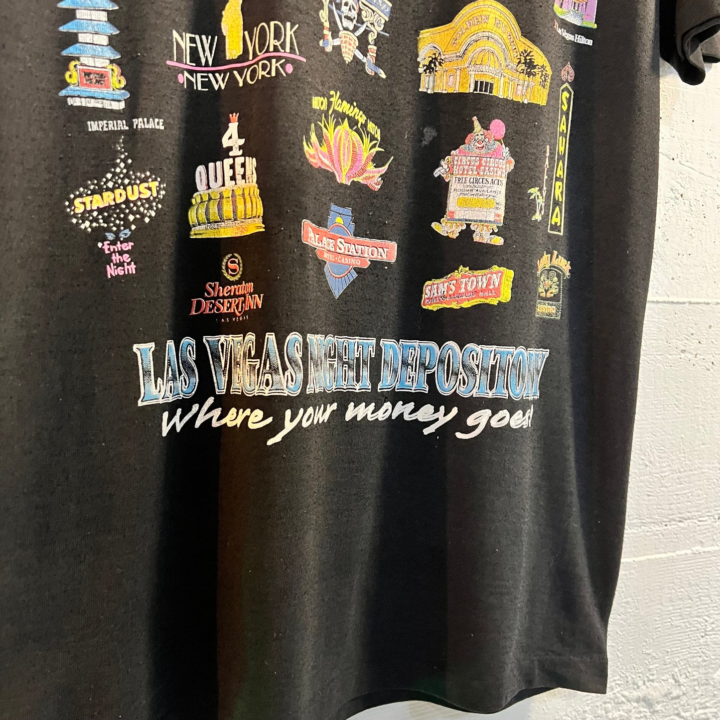 Vintage 80’s Las Vegas Night Depository ‘Hotels’ Single Stitch T-Shirt - Size Medium - Made In USA - Black/Multi
