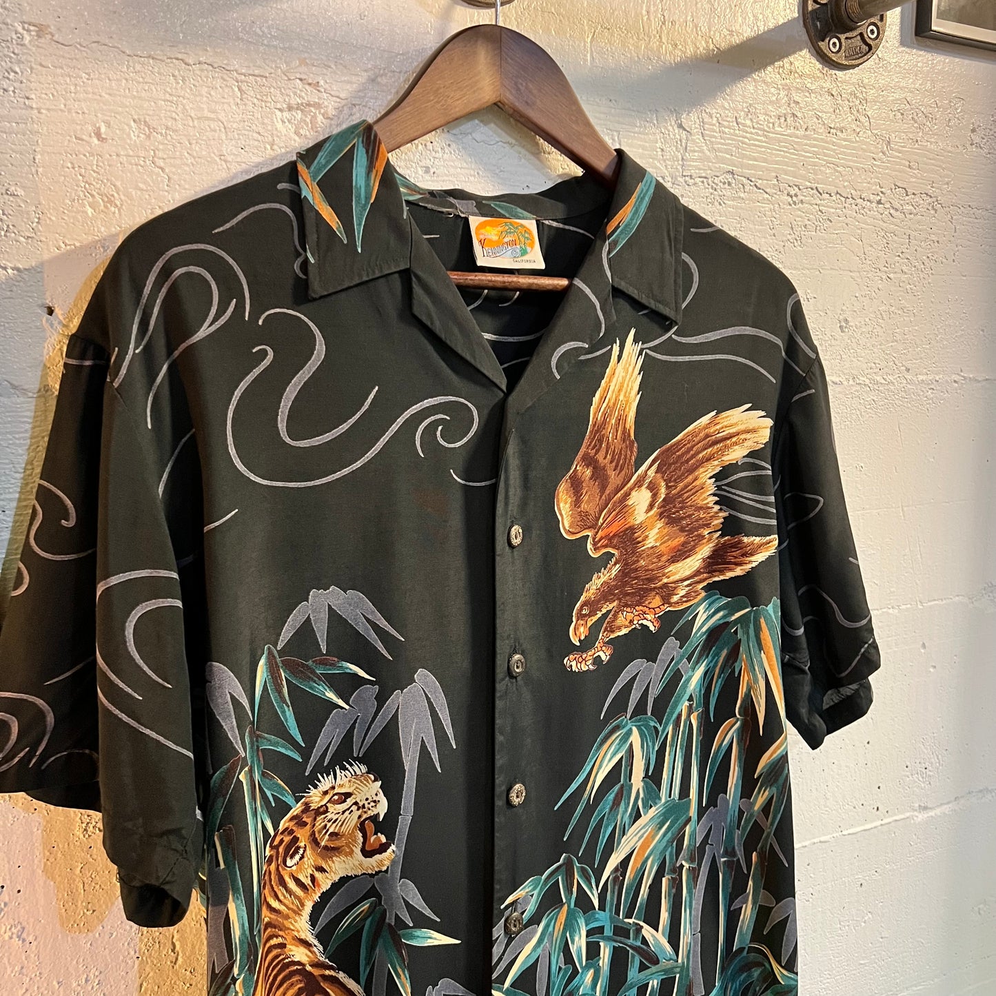 Vintage 1970’s Kennington California Rayon (Tiger VS Falcon) Aloha Surf Shirt - Size Small - Black/Multicolor