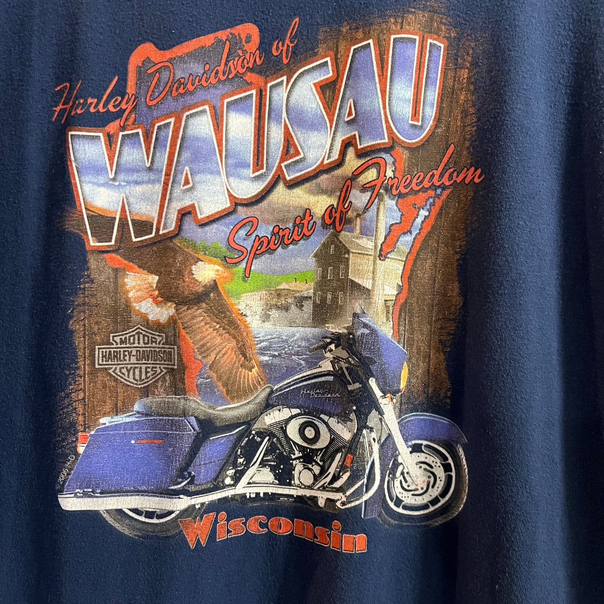 2008 Harley Davidson Wausau, Wisconsin Graphic T-Shirt - Size XL - Navy/Multi